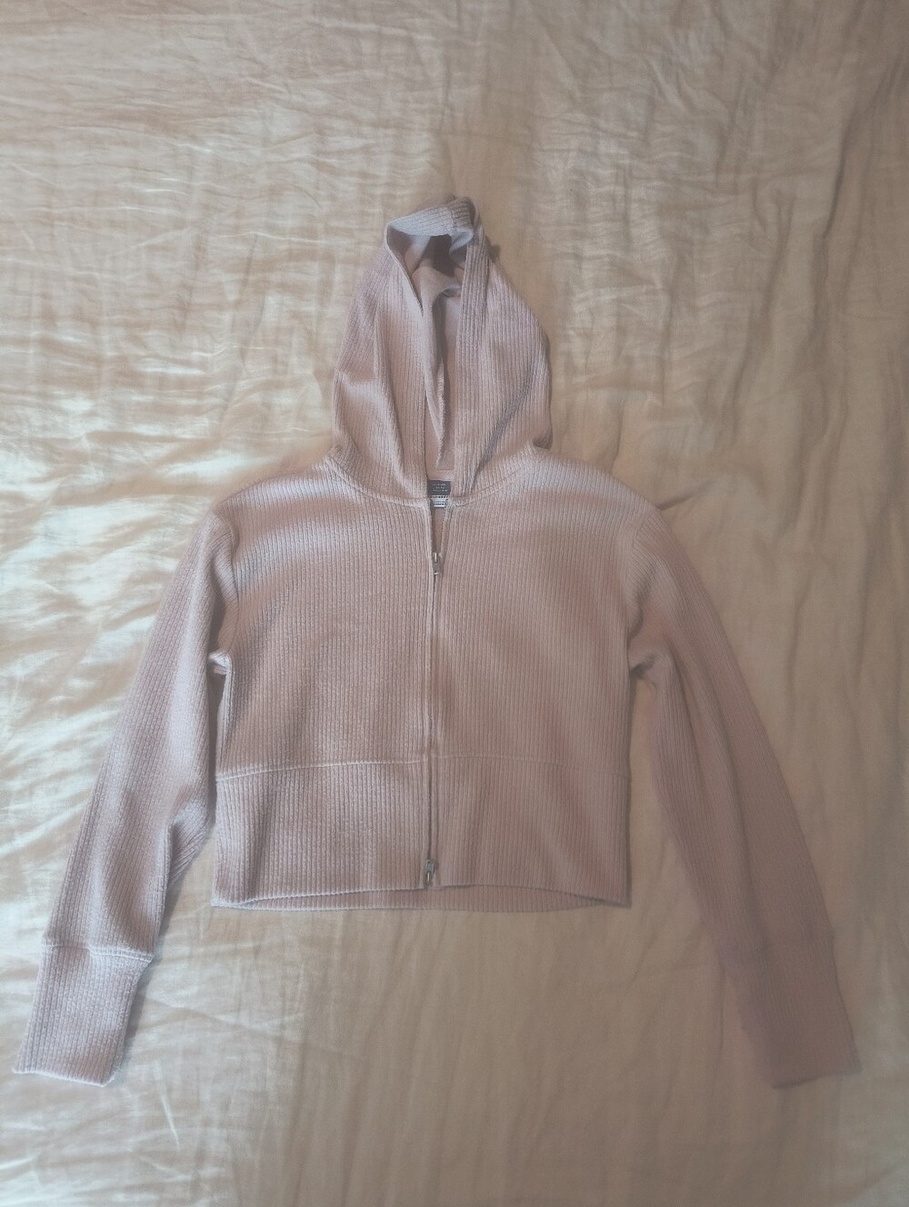 Cropped Hooded Zip-Up Sweater in Light Mauve